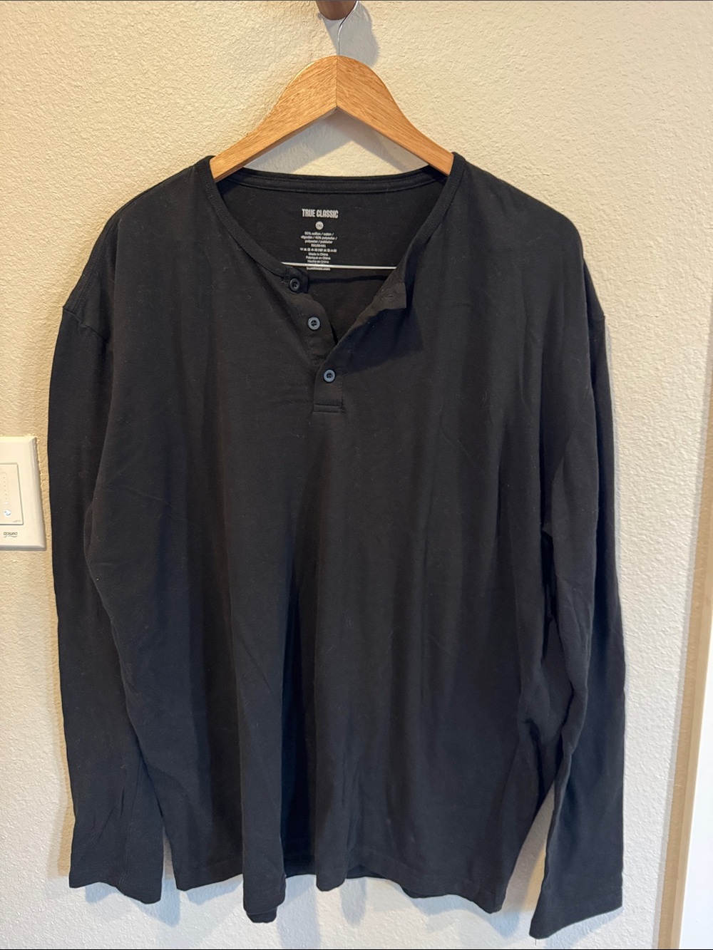 True Classic Black Long-Sleeve Henley Shirt